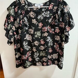 Libby Edelman Black Floral Ruffle Blouse
